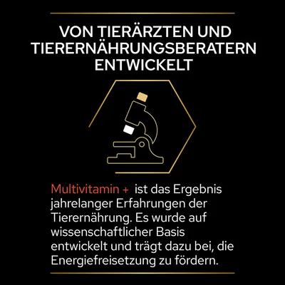 Texte en allemand : Von Tierärzten und Tierernährungsberatern entwickelt. Multivitamin+ ist das Ergebnis jahrelanger Erfahrungen der Tierernährung. Texte non traduit.
