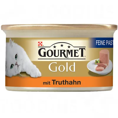 GOURMET Gold kattenvoer, feine pastete, mit Truthahn. Blik met afbeelding van witte kat en plakjes paté op een bord.