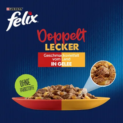 Purina Felix Doppelt Lecker, Geschmacksvielfalt vom Land in Gelee. Ohne Farbstoffe.