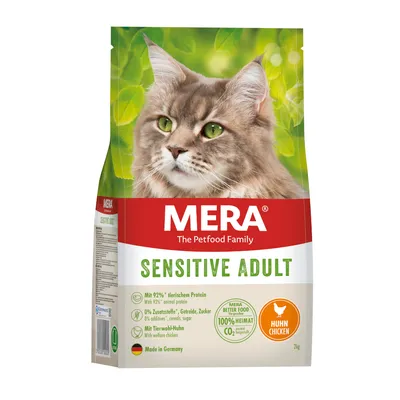 MERA Sensitive Adult cibo per gatti con 92% di proteine animali, senza additivi, cereali, zucchero. Con pollo benessere animale. Made in Germany. Confezione: 2kg.