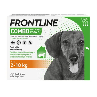 Frontline Combo Spot-On dla psów S 2–10 kg, 3 pipetki 0,67 ml. Zawiera fipronil 10% i (S)-metopren 9%. Zabija pchły, kleszcze i wszoły. Boehringer Ingelheim.