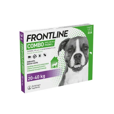 Frontline Combo Spot-On dla psów L, 3 pipetki po 2,68 ml. Fipronil 10%, (S)-metopren 9%. Na psy 20–40 kg. Zwalcza pchły, kleszcze i wszoły. Boehringer Ingelheim.