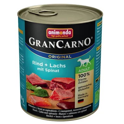 Animonda GranCarno Original Adult, говядина и лосось со шпинатом. 100% свежие ингредиенты, без зерна, без глютена. Сделано в Германии.