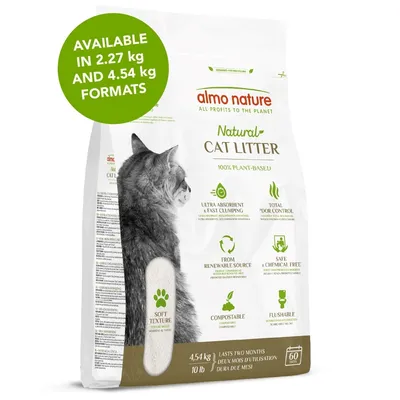 Almo Nature Natural Cat Litter, 100% plant-based, ultra absorbent, fast clumping, odour control, compostable, flushable, available in 2.27kg and 4.54kg formats.