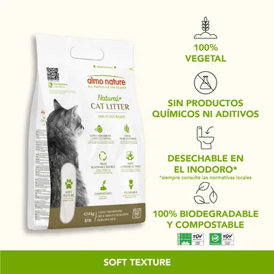 almo nature Natural Cat Litter, 100% vegetal, sin productos químicos ni aditivos, desechable en el inodoro, 100% biodegradable y compostable, bolsa de 4,54 kg, textura suave