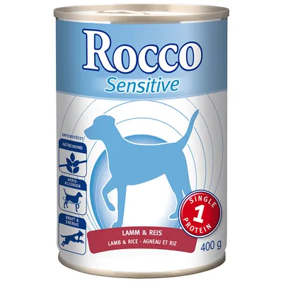 Rocco Sensitive Lamm & Reis hondenvoer, 400 g. Tekst: getreidefrei, hypoallergen, kracht & energie, single protein. Afbeelding van hond en ingrediëntenpictogrammen op het blik.