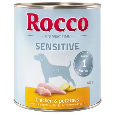 Rocco Sensitive vådfoder, enkelt protein, kylling og kartofler, 800g dåse.