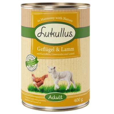 Dose Lukullus siipikarjaa ja lammasta, perunoilla, voikukalla ja pellavaöljyllä. Alkuperäinen maku. Aikuisille, 400 g.