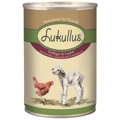 Lukullus Naturkost für Hunde, Geflügel & Lamm, mit Kartoffeln, Löwenzahn und Traubenkernöl, 400 g. Kuvassa kana ja lammas purkin etiketissä.