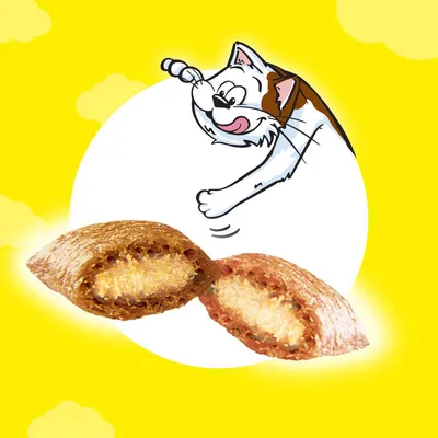 Illustration showing two filled crunchy treats with a cartoon animal reaching towards them, highlighting the product's filled centre feature.