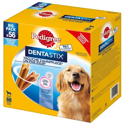 Pedigree Dentastix, cuidado dental diário para cães a partir de 25kg, Big Pack com 56 sticks, fórmula melhorada, nº1 dos veterinários, ação tripla de limpeza dentária.