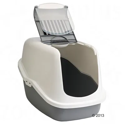 Muovinen kissan hiekkalaatikko, jossa on vaalea kansi ja läpinäkyvä heiluriovi. Kansi auki, näkyvissä ilmanvaihtoritilä.