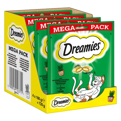 Dreamies MEGA PACK kattgodis med kattmyntesmak, 4 x 180 g = 720 g. Grön förpackning med tecknad katt och text på flera språk.
