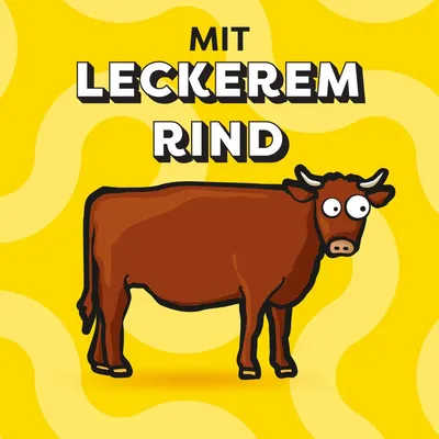 Z okusno govedino. Ilustracija rjave krave na rumeni podlagi.