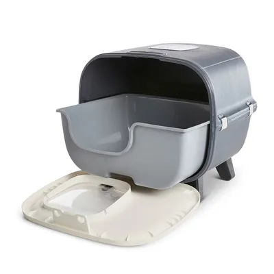 Grey cat litter box with pull-out tray and white lid, suitable for easy cleaning.