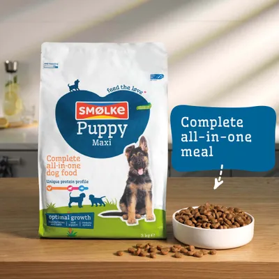 SMØLKE Puppy Maxi, kompletné krmivo pre psov všetko v jednom, jedinečný profil bielkovín, optimálny rast, zdravé kosti a zuby, podpora kĺbov, imunitný systém, 3 kg.