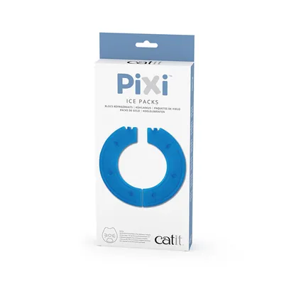 Catit Pixi Ice Packs, сини охладителни пакети с форма на подкова, опаковка с изображение на продукта и многоезично описание.