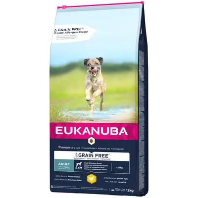 Eukanuba Premium hrană uscată pentru rase mici și medii, fără cereale, bogată în carne proaspătă de pui, pentru câini adulți 1-7 ani, 12kg.