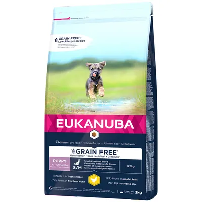 Eukanuba Premium Trockenfutter für Welpen, getreidefrei, reich an frischem Huhn, geeignet für kleine und mittelgrosse Rassen bis 25kg, 3kg Packung.
