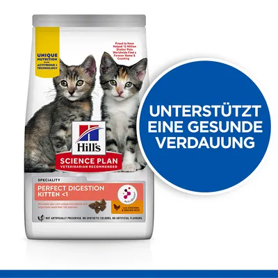 Hill's Science Plan Perfect Digestion Kitten <1 с курицей и коричневым рисом. Поддерживает здоровое пищеварение. Без искусственных консервантов, красителей и ароматизаторов.