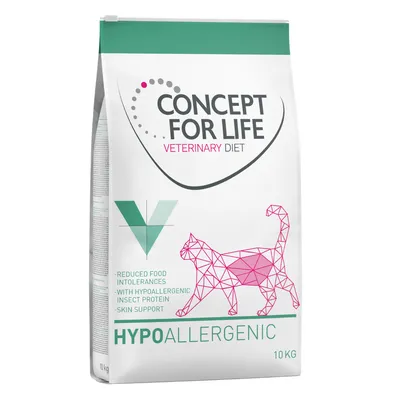 CONCEPT FOR LIFE VETERINARY DIET HYPOALLERGENIC kattenvoer, 10 kg. Tekst: reduced food intolerances, with hypoallergenic insect protein, skin support.