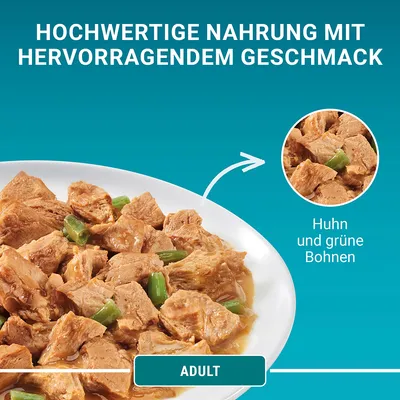 Кусочки курицы и зелёной фасоли в соусе на тарелке. Текст на немецком: HOCHWERTIGE NAHRUNG MIT HERVORRAGENDEM GESCHMACK, Huhn und grüne Bohnen, ADULT.