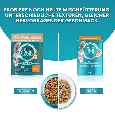 Сухой и влажный корм Purina ONE для взрослых кошек, упаковки 750 г и 85 г. Подписи: TROCKEN (сухой), NASS (влажный). Текст на немецком языке в верхней части изображения.
