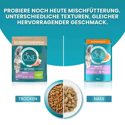 Purina ONE Mischfütterung: Trockenfutter und Nassfutter für Katzen. Unterschiedliche Texturen, gleicher hervorragender Geschmack. Varianten: Sensitive Bifensis und mit Huhn und Karotten.