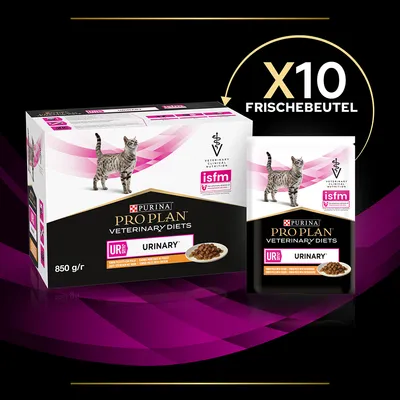 PURINA PRO PLAN VETERINARY DIETS URINARY pour chat, 850 g/r, boîte et sachet, X10 Frischebeutel, isfm Veterinary Curriculum Nutrition visible sur l’emballage.