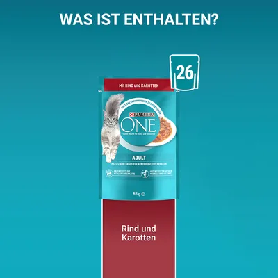 Purina ONE Adult, sachet 85 g pour chat, avec bœuf et carottes. Texte en allemand : « Was ist enthalten? », « Rind und Karotten ». Lot de 26 sachets indiqué.