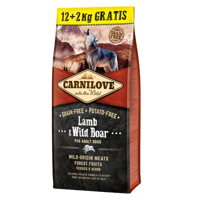 Carnilove into the Wild, lam & vildsvin til voksne hunde. Kornfri, kartoffelfri. Kød fra vildt, skovbær, grøntsager og urter. 12+2 kg gratis.