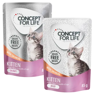Concept for Life Kitten Nassfutter, Grain Free Rezeptur mit Lachs, Varianten Gravy und Jelly, für Kätzchen bis 12 Monate, 85g Beutel.