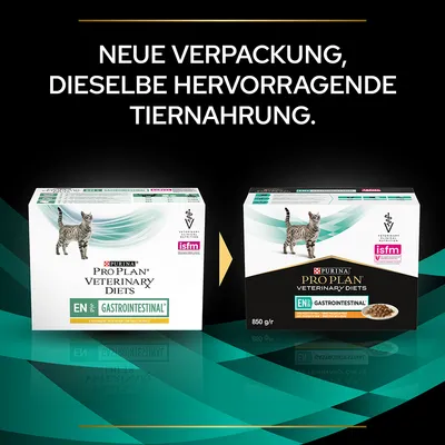 Texte en allemand : Neue Verpackung, dieselbe hervorragende Tiernahrung. Deux boîtes Purina Pro Plan Veterinary Diets EN Gastrointestinal pour chat, ancien et nouveau packaging.