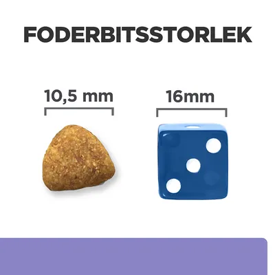Foderbitsstorlek: foderbit 10,5 mm bred jämförd med en blå tärning på 16 mm. Tydlig storleksjämförelse för att visa foderbitens dimension.
