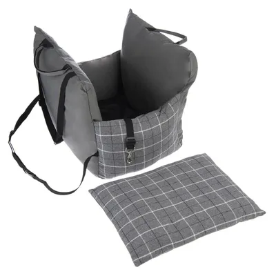 Grey car seat for pets with check pattern, safety belt and removable cushion. Suitable for safe transport in the car.
