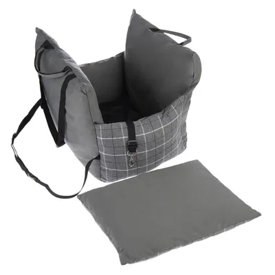 Grey carrier with check pattern, safety belt and removable cushion. Suitable for safe transport of pets.