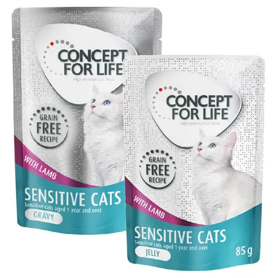Concept for Life Sensitive Cats mit Lamm, getreidefreie Rezeptur. Varianten: Gravy und Jelly, geeignet für empfindliche Katzen ab 1 Jahr. Packungsgröße: 85g.