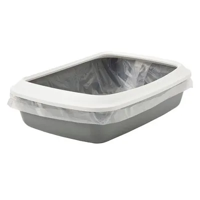 Kattenbak van grijs plastic met witte rand en doorzichtige kattenbakzak, geschikt voor gebruik met kattenbakvulling. Geen merknaam of extra tekst zichtbaar.
