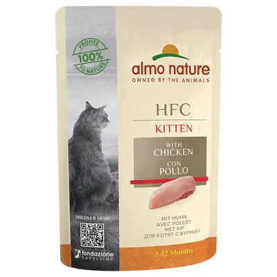 Almo Nature HFC Kitten cu pui, potrivit pentru pisici de 2-12 luni. Profits 100% to nature. Cod QR pentru informații suplimentare.