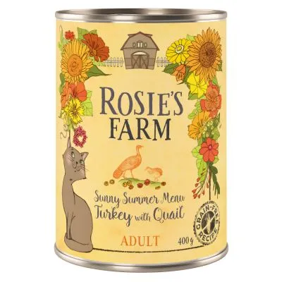 Rosie's Farm Sunny Summer Menu Turkey with Quail, ADULT, 400g, grain-free recipe tin with cat illustration and flowers on label