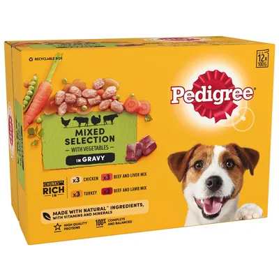 Mixed selection with vegetables in gravy, includes chicken, turkey, beef and liver mix, beef and lamb mix. Made with natural ingredients, vitamins, minerals, high quality proteins.
