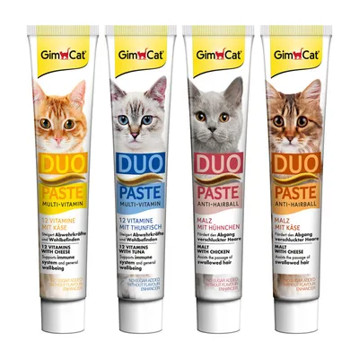 GimCat Duo-Paste Multi-Vitamin mit Käse, Thunfisch und Anti-Hairball Malz mit Huhn oder Käse. Ohne Zuckerzusatz, unterstützt Abwehrkräfte und Haarabgang.