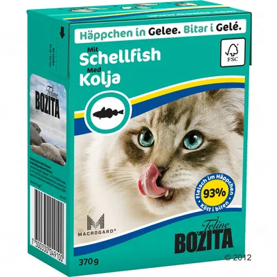 Feline Bozita Häppchen in Gelee, Mit Schellfish, 93 % Fleisch im Häppchen, 370 g. Obal s obrázkom mačky a logom FSC. Text v nemčine a švédčine.