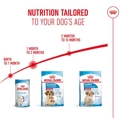 Royal Canin Babydog Milk for birth up to 1 month, Starter Medium for 1 to 2 months, Puppy Medium for 2 to 12 months. Nutrition tailored to your dog's age.