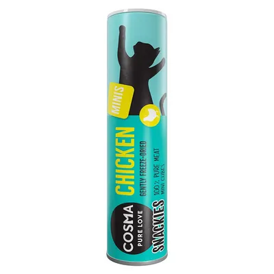 COSMA PURE LOVE SNACKIES CHICKEN MINIS, gently freeze-dried, 100% pure meat mini cubes, tube turquoise avec silhouette de chat noir et texte en anglais visible sur l’emballage.