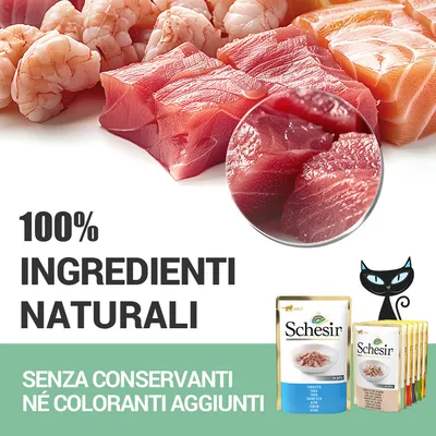 100% ingredienti naturali. Senza conservanti né coloranti aggiunti. Schesir. Immagine di pesce crudo e confezioni di cibo per gatti Schesir.
