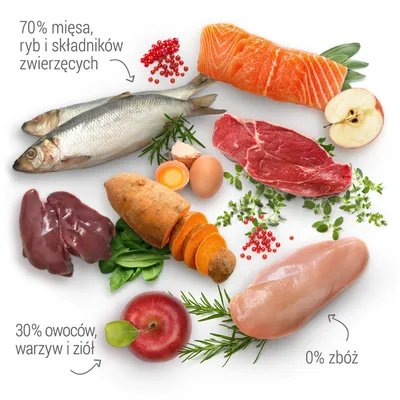 70% mięsa, ryb i składników zwierzęcych; 30% owoców, warzyw i ziół; 0% zbóż. Widoczne surowe mięso, ryba, jajko, wątróbka, batat, jabłko, zioła.