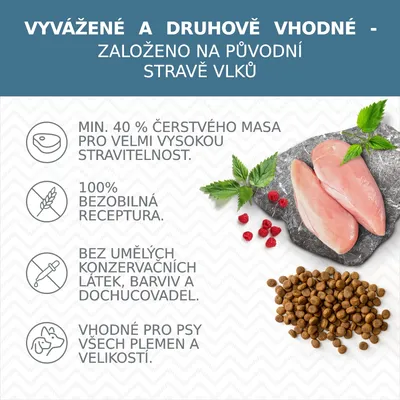Vyvážené a druhově vhodné krmivo, založeno na původní stravě vlků. Min. 40 % čerstvého masa, 100% bezobilná receptura, bez umělých konzervantů, vhodné pro psy všech plemen a velikostí.