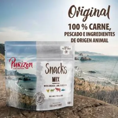 Purizon Snacks Mix. Original. 100 % carne, pescado e ingredientes de origen animal. Envase con imágenes de pollo, cordero, vaca y pez. Peso: 100 g.