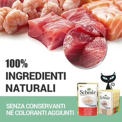 100% ingredienti naturali. Senza conservanti né coloranti aggiunti. Schesir. Immagine di pesce crudo e confezioni di alimento per gatti Schesir.